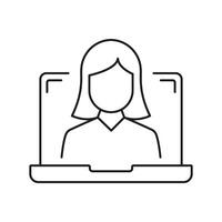 Woman Line Icon on Laptop Screen, Online Communication or Call. Virtual Meetings and Digital Interaction. Isolated Illustration vector