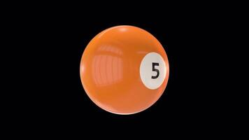 Yellow 5 Billiard Ball Rotating 3D Animation On Alpha Channel video