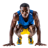A joyful sprinter crouched in a starting position, ready to race, isolated on a transparent background png
