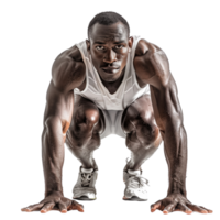 A joyful sprinter crouched in a starting position, ready to race, isolated on a transparent background png