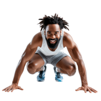 A joyful sprinter crouched in a starting position, ready to race, isolated on a transparent background png