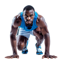 A joyful sprinter crouched in a starting position, ready to race, isolated on a transparent background png