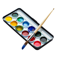 A watercolor paints with a clean brush, set against a palette isolated on a transparent background png