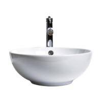 A panoramic view of a modern bathroom, with the focal point being the designer vessel sink and faucet isolated on a transparent background png