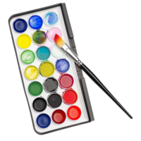 A watercolor paints with a clean brush, set against a palette isolated on a transparent background png