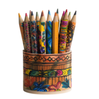 A set of handcrafted pencils, each wrapped in unique, vibrant patterns of washi tape, standing in a hand-painted holder with inspirational quotes isolated on a transparent background png