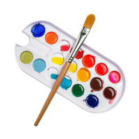 A watercolor paints with a clean brush, set against a palette isolated on a transparent background png