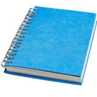 A spiral notebook with a vibrant blue cover, slightly open to reveal blank pages, inviting creativity and note-taking, isolated on a transparent background png
