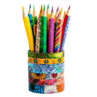 A set of handcrafted pencils, each wrapped in unique, vibrant patterns of washi tape, standing in a hand-painted holder with inspirational quotes isolated on a transparent background png