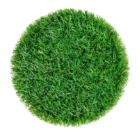 A top view of a floating patch of artificial grass, round and short, isolated on a transparent background png