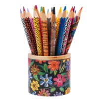 A set of handcrafted pencils, each wrapped in unique, vibrant patterns of washi tape, standing in a hand-painted holder with inspirational quotes isolated on a transparent background png