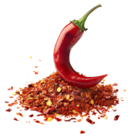 A single chili pepper lying atop a mound of vibrant red chili flakes, symbolizing heat and passion in cooking isolated on a transparent background png