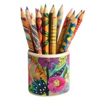 A set of handcrafted pencils, each wrapped in unique, vibrant patterns of washi tape, standing in a hand-painted holder with inspirational quotes isolated on a transparent background png