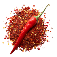 A single chili pepper lying atop a mound of vibrant red chili flakes, symbolizing heat and passion in cooking isolated on a transparent background png