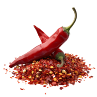 A single chili pepper lying atop a mound of vibrant red chili flakes, symbolizing heat and passion in cooking isolated on a transparent background png