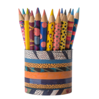 A set of handcrafted pencils, each wrapped in unique, vibrant patterns of washi tape, standing in a hand-painted holder with inspirational quotes isolated on a transparent background png
