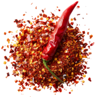 A single chili pepper lying atop a mound of vibrant red chili flakes, symbolizing heat and passion in cooking isolated on a transparent background png