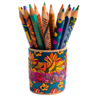 A set of handcrafted pencils, each wrapped in unique, vibrant patterns of washi tape, standing in a hand-painted holder with inspirational quotes isolated on a transparent background png