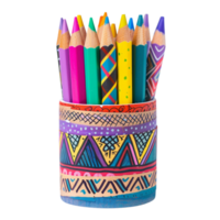 A set of handcrafted pencils, each wrapped in unique, vibrant patterns of washi tape, standing in a hand-painted holder with inspirational quotes isolated on a transparent background png