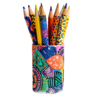 A set of handcrafted pencils, each wrapped in unique, vibrant patterns of washi tape, standing in a hand-painted holder with inspirational quotes isolated on a transparent background png