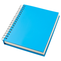 A spiral notebook with a vibrant blue cover, slightly open to reveal blank pages, inviting creativity and note-taking, isolated on a transparent background png