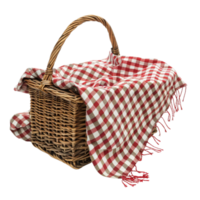 A picnic basket with a red and white checkered blanket, ready for a summer picnic isolated on a transparent background png