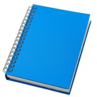A spiral notebook with a vibrant blue cover, slightly open to reveal blank pages, inviting creativity and note-taking, isolated on a transparent background png