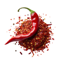 A single chili pepper lying atop a mound of vibrant red chili flakes, symbolizing heat and passion in cooking isolated on a transparent background png