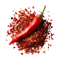 A single chili pepper lying atop a mound of vibrant red chili flakes, symbolizing heat and passion in cooking isolated on a transparent background png