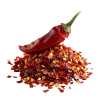 A single chili pepper lying atop a mound of vibrant red chili flakes, symbolizing heat and passion in cooking isolated on a transparent background png