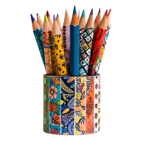 A set of handcrafted pencils, each wrapped in unique, vibrant patterns of washi tape, standing in a hand-painted holder with inspirational quotes isolated on a transparent background png