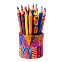 A set of handcrafted pencils, each wrapped in unique, vibrant patterns of washi tape, standing in a hand-painted holder with inspirational quotes isolated on a transparent background png