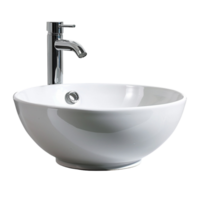 A panoramic view of a modern bathroom, with the focal point being the designer vessel sink and faucet isolated on a transparent background png