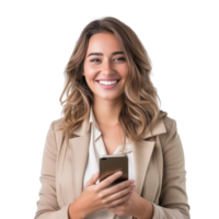 A confident businesswoman with a bright smile, holding a mobile phone, isolated on a transparent background png