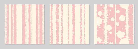 Set of three seamless colorful striped patterns. Gentle trendy abstract illustrations. Hand drawn geometric lines seamless patterns with stripe lines and dots in retro style. vector