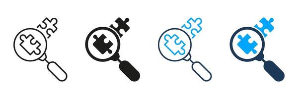 Magnifier and Puzzle Parts Line and Silhouette Icon Set. Magnifying Glass with Jigsaw Pieces Outline Sign. Problem Solving Pictogram. Editable Stroke. Isolated Illustration vector