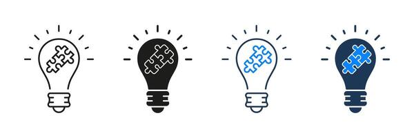 Success Innovation, Inspiration, Idea Concept, Puzzle in Lightbulb Line and Silhouette Icon Set. Invention Strategy Symbol Collection. Editable Stroke. Isolated Illustration vector