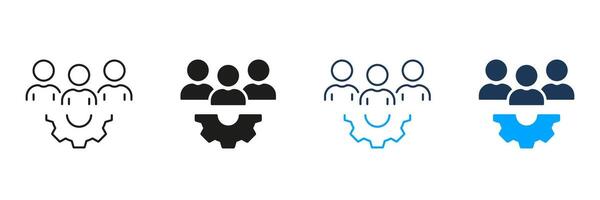 Team Work, People with Gear Line and Silhouette Icon Set. Manager Sign with Cog Wheel. Workforce Pictogram. Teamwork, Leader, Project Management Symbol. Editable Stroke. Isolated Illustration vector