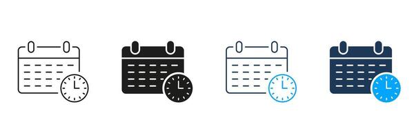 Calendar with Clock Line and Silhouette Icon Set. Time Management Concept. Schedule, Deadline Pictogram. Event Day Reminder Symbol. Editable Stroke. Isolated Illustration vector