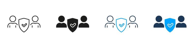 Human Data Protection, Shield Protect Group Of People Pictogram. Security for Users Team Line and Silhouette Icon Set. Safety in Business Symbol. Editable Stroke. Isolated Illustration vector