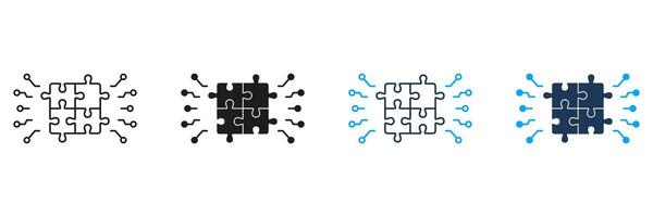 Digital Square Jigsaw Line and Silhouette Icon Set. Puzzle Challenge, Teamwork, Logic Game, Idea Sign. Combination Solution, Pieces Match Icon. Editable Stroke. Isolated Illustration vector