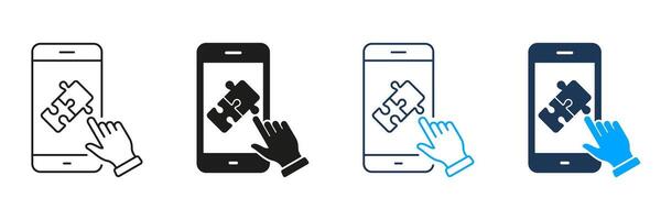 Puzzle Game in Smartphone Icon. Online App Jigsaw in Cellphone Pictogram. Mobile Phone with Digital Puzzle Sign. Editable Stroke. Isolated Illustration vector