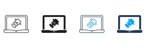 Online Jigsaw Game in Laptop Line and Silhouette Icon Set. Puzzle App in Computer Icon. Web Digital Puzzle Sign. Strategy, Brainstorming, Teamwork. Editable Stroke. Isolated Illustration vector
