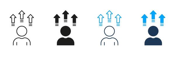 Progress in Business, Career Success Pictogram. Team Growth Up Line and Silhouette Icon Set. Development in Stock Market Symbol. Promotion Sign. Editable Stroke. Isolated Illustration vector