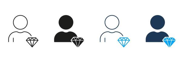 Man with Diamond, Employee Value Line and Silhouette Icon Set. Business Principles Symbol. Corporate Ideology Pictogram. Person is Core Values at Work Sign. Isolated Illustration vector