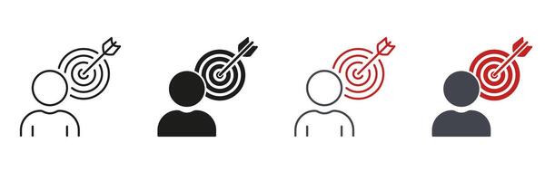 Person with Target Line and Silhouette Icon Set. Goal Strategy, Aim Focus Pictogram. Objective Oriented Human. Dartboard Bullseye and Arrow. Editable Stroke. Isolated Illustration vector