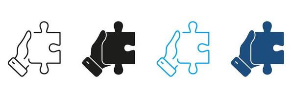 Human Hand Holds Jigsaw Piece Line and Silhouette Icon Set. Puzzle Game Solution. Success Teamwork Linear Pictogram. Problem Solving, Idea Sign. Editable Stroke. Isolated Illustration vector