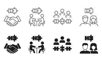 Puzzle and Team Work Line and Silhouette Icon Set. Business, Teamwork Connection, Deal Concept. Editable Stroke. Isolated Illustration vector