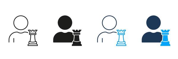 Chess Strategy Line and Silhouette Icon Set. Success in Competition, Strategist Man with Chess Figure Pictogram. Strategic Approach Symbol. Editable Stroke. Isolated Illustration vector