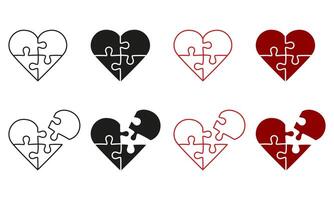 Jigsaw in Heart Shape with Missing Piece Line and Silhouette Icon. Puzzle Pieces Match Together. Editable Stroke. Isolated Illustration vector
